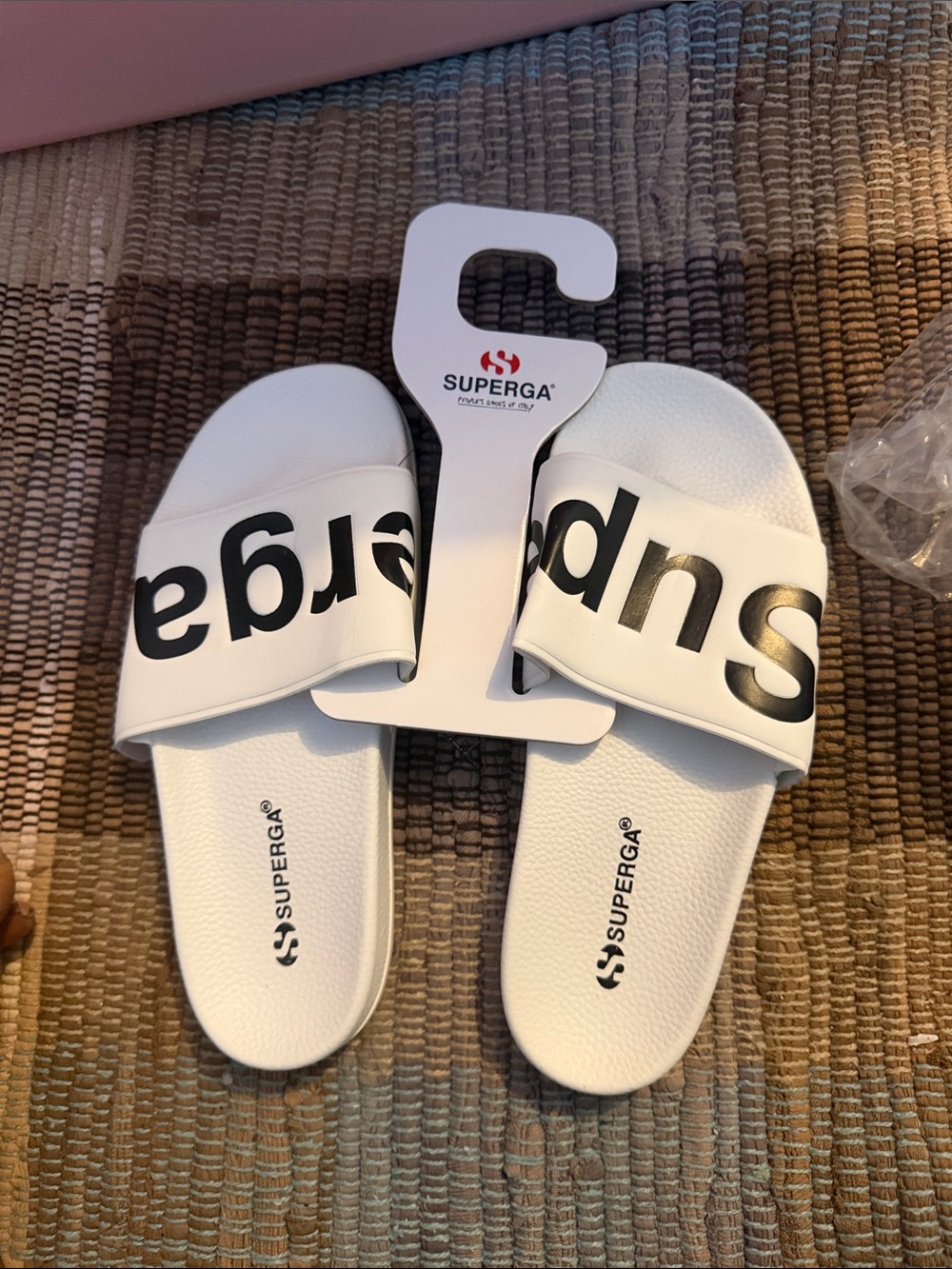 Superga White Slides with Black Logo Strap